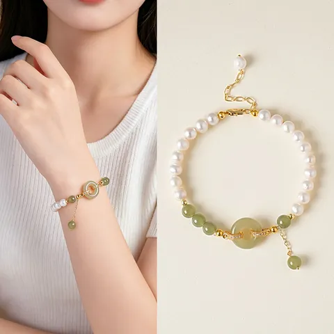 Natural Freshwater Pearl Hetian Jade Beaded Jewelry Set For Women Elegant Gold Plated Rhinestone Necklace Bracelet Gift