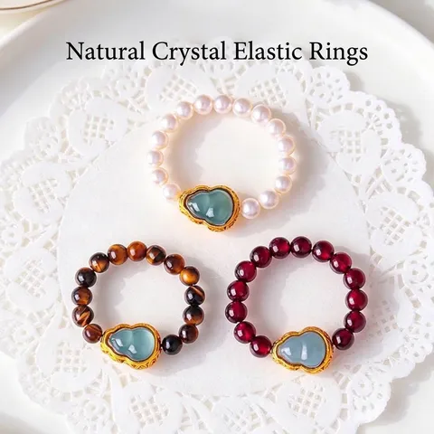New Chinese Style Stretch Beaded Ring For Women Garnet Tiger Eye Artificial Pearl Jade Gourd Pendant Alloy Gold Plated Adjustable Ethnic Finger Jewelry