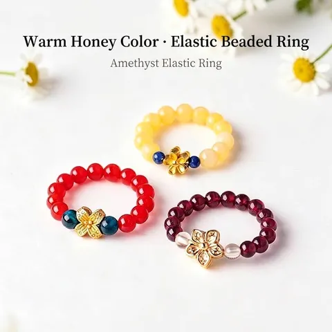 Neuer chinesischer Stil Naturgranat Achat Perlen Elastischer Ring Für Damen Gold Legierung Blume Anhänger Halbedelstein Fingerring Schmuck