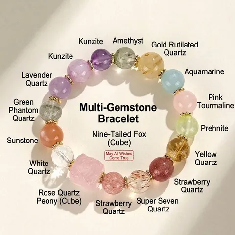 Natural Stone Rainbow Multi-color Crystal Bracelet For Women Nine-tailed Fox Peony Hand Carved Beaded Luck Healing Bracelet