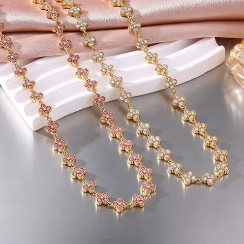 Vintage Luxus 304 Edelstahl Vierblättriges Kleeblatt Strass Halskette Gold Farbe Pave Blume Gliederkette Für Damen Party Schmuck