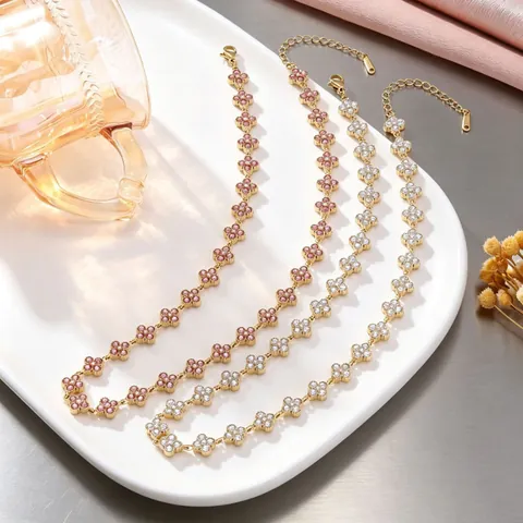 Vintage Luxus 304 Edelstahl Vierblättriges Kleeblatt Strass Halskette Gold Farbe Pave Blume Gliederkette Für Damen Party Schmuck