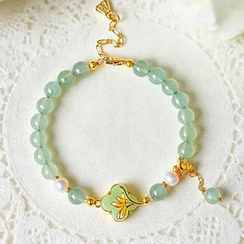 Set di Collana e Bracciale in Giada Avventurina Naturale e Perle d'Acqua Dolce Elegante Pendente Orchidea Stile Cinese Gioielli Donna