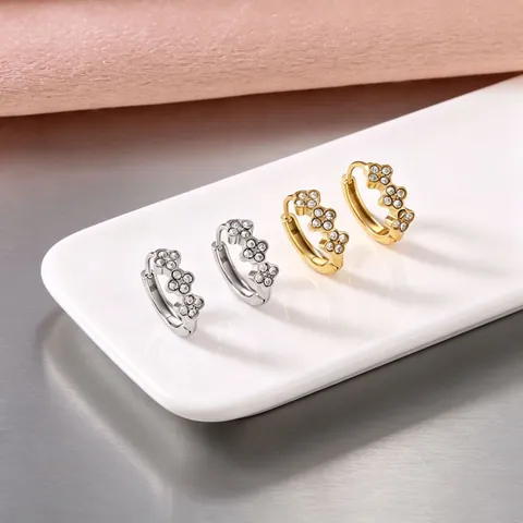Stainless Steel Flower Huggie Hoop Earrings For Women Gold Silver Plated Rhinestone Botanical Floral Minimalist Chic Jewelry