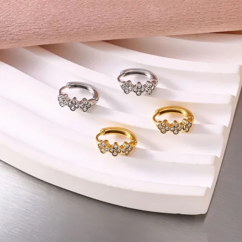 Stainless Steel Flower Huggie Hoop Earrings For Women Gold Silver Plated Rhinestone Botanical Floral Minimalist Chic Jewelry