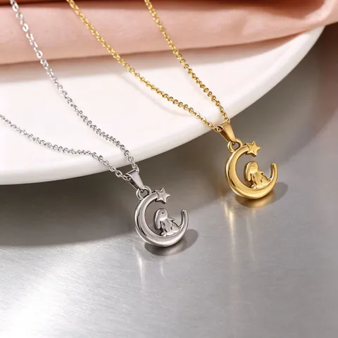 304 Edelstahl Süße Cartoon Mond Stern Hase Anhänger Halskette Für Damen Süße Mode Gold Silber Plattiert Schlüsselbein Kette Schmuck Geschenk