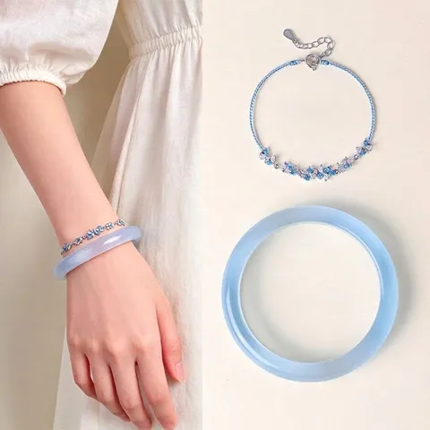 Elegant Cat's Eye Stone Bangle Crystal Flower Braided Cord Bracelet Set Women Pink Blue Purple Sweet Fashion Jewelry Gift