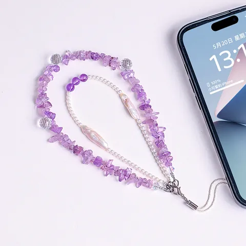 Handmade Irregular Aquamarine Purple White Jade Crystal Beaded Phone Chain Artificial Pearl Lotus Pod Pendant Bag Charm