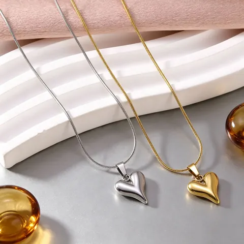 Minimalistische 304 Edelstahl Puffiges Herz Anhänger Halskette Für Damen Glänzend Gold Silber Schlangenkette Schmuck