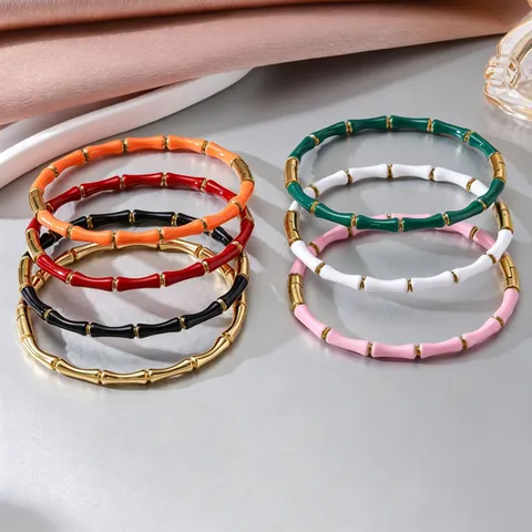 Mode Edelstahl Bambusknoten Elastisches Armband Bunter Emaille Armreif Schmuck Für Damen Chic Commute Accessoire