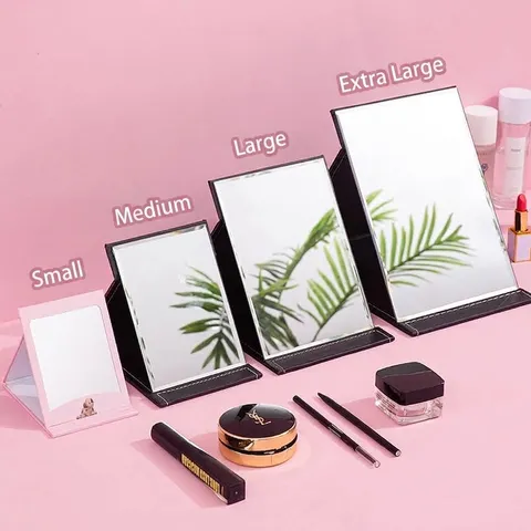 Portable Folding Makeup Mirror Desktop HD PU Leather Rectangular Travel Vanity Mirror For Student Office Bedroom Home Decor