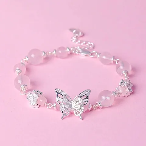 Butterfly Natural Crystal Beaded Bracelet For Women New Chinese Style Light Luxury Rose Quartz Amethyst Bracelet Stackable Jewelry Gift