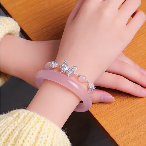 Butterfly Natural Crystal Beaded Bracelet For Women New Chinese Style Light Luxury Rose Quartz Amethyst Bracelet Stackable Jewelry Gift