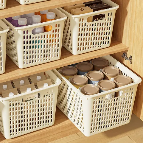 Multi-Functional PP Plastic Storage Basket With Handles Hollow Mesh Design Desktop Organizer For Kitchen Bathroom Living Room White Cream