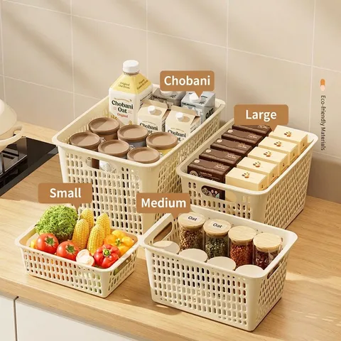 Multi-Functional PP Plastic Storage Basket With Handles Hollow Mesh Design Desktop Organizer For Kitchen Bathroom Living Room White Cream