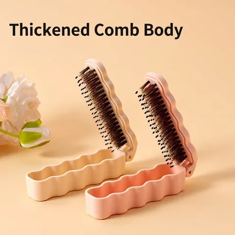 Portable Foldable Boar Bristle Hair Brush For Women Detangling Massage Air Cushion Comb Compact Travel Styling Tool