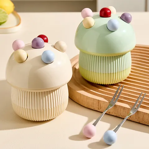 Creative Mushroom House Fruit Fork Set Stainless Steel Mini Dessert Forks With Cute Storage Base Tableware For Home Party