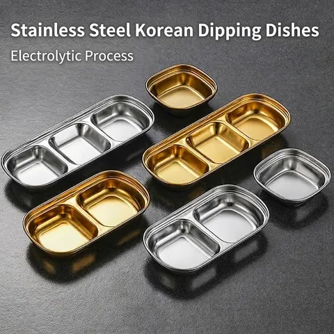 Stainless Steel Dipping Sauce Dish Korean Style Multi-Compartment Seasoning Plate Gold Silver Sauce Tray For BBQ Hot Pot Restaurant Kitchen Tableware