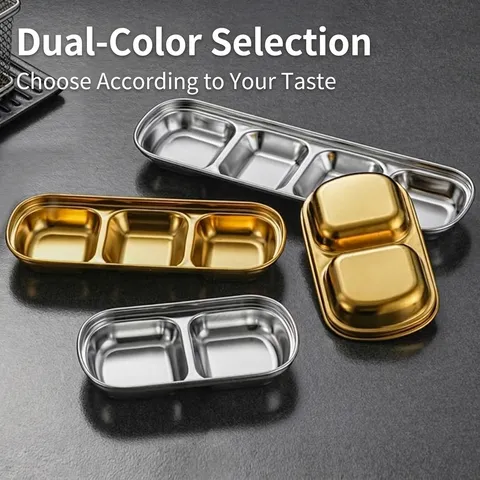 Stainless Steel Dipping Sauce Dish Korean Style Multi-Compartment Seasoning Plate Gold Silver Sauce Tray For BBQ Hot Pot Restaurant Kitchen Tableware