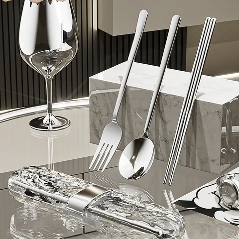 304 Stainless Steel Portable Cutlery Set Spoon Fork Chopsticks With Wave Textured Storage Case For Travel Office School