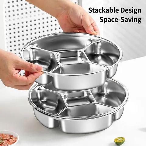 Plateau de Service à 5 Compartiments en Acier Inoxydable 316 Assiette Ronde de Préparation de Repas pour Cuisine Accompagnements