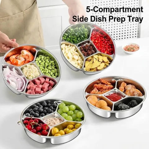 Plateau de Service à 5 Compartiments en Acier Inoxydable 316 Assiette Ronde de Préparation de Repas pour Cuisine Accompagnements