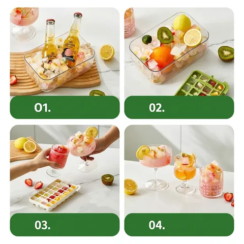 Press Type Ice Cube Tray With Storage Box And Lid One Second Release Plastic Square Ice Maker Mold With Scoop For Home Bar Party