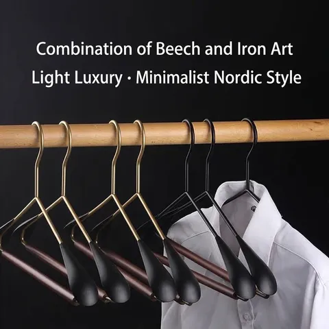Beech Wood Iron Art Clothes Hanger Wide Shoulder Non-Slip No Trace Heavy Duty Coat Hanger For Wardrobe Storage