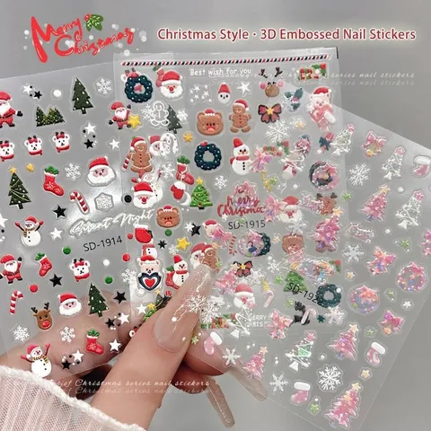 Pegatinas de Uñas de Relieve 5D de Navidad Papá Noel Alce Muñeco de Nieve Copo de Nieve Blanco Decoraciones de Nail Art para Mujeres Niños