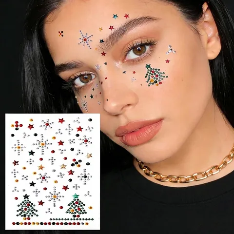 Pegatinas de Strass Faciales de Navidad Copo de Nieve Árbol Reno Purpurina Maquillaje de Ojos Pegatinas para Mujeres Niños Decoración de Fiesta