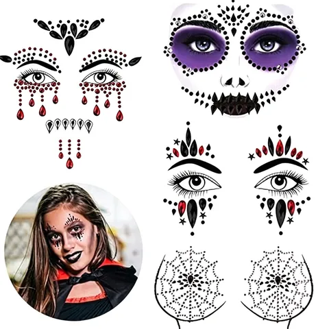 Αυτοκόλλητο Κοσμήματα Προσώπου Halloween Αδιάβροχο Τατουάζ Προσώπου με Στρας Γοτθικό Μακιγιάζ Σκελετού για Πάρτι