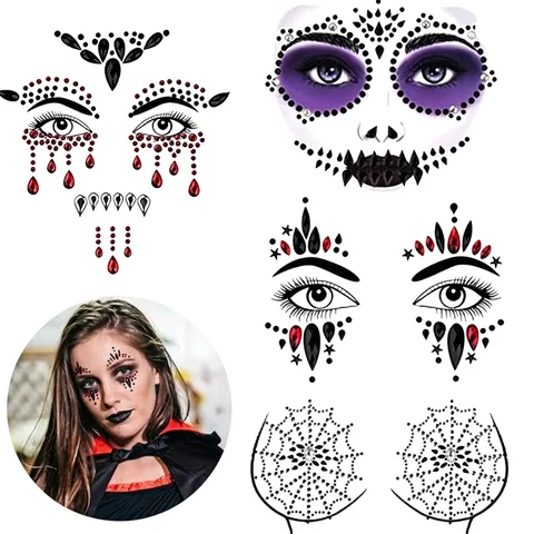 Pegatina de Gemas Faciales para Halloween Tatuaje Facial de Strass Impermeable Maquillaje Gótico de Telaraña Esqueleto para Fiesta