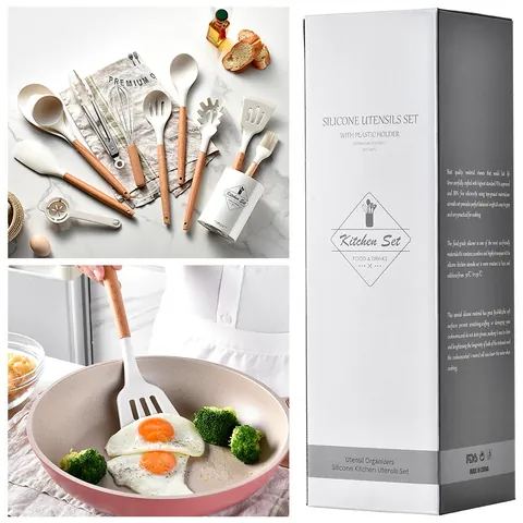 Utensili da Cucina in Silicone Bianco Manico in Legno Antiaderente Resistente al Calore Spatola Mestolo Frusta Pinze