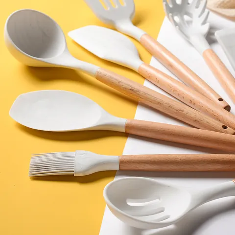 Juego de Utensilios de Cocina de Silicona Efecto Mármol Blanco 11 Piezas Antiadherente Resistente al Calor Herramientas de Cocina Con Mango de Madera de Haya Y Cubo de Almacenamiento