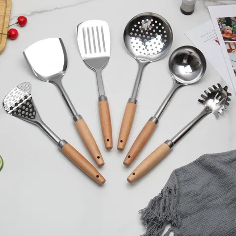 Stainless Steel Cooking Utensils Set Spatula Ladle Skimmer With Wooden Handle Modern Minimalist Kitchen Cookware Tool