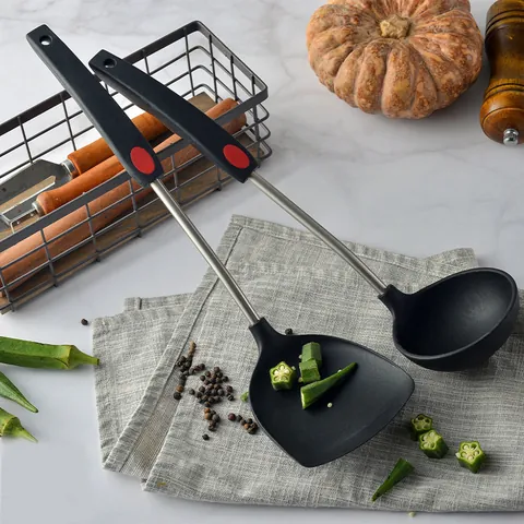Espátula de Cocina y Cuchara de Sopa de Acero Inoxidable 304 y Silicona Utensilios de Cocina Antiadherentes