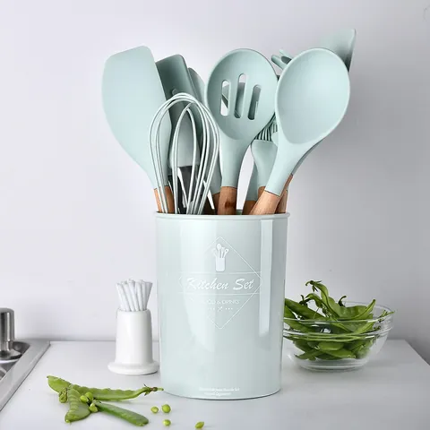 Kit de Utensilios de Cocina de Silicona Verde Claro Con Mangos de Madera de Haya Espátula Cuchara de Cocina Antiadherente Resistente al Calor