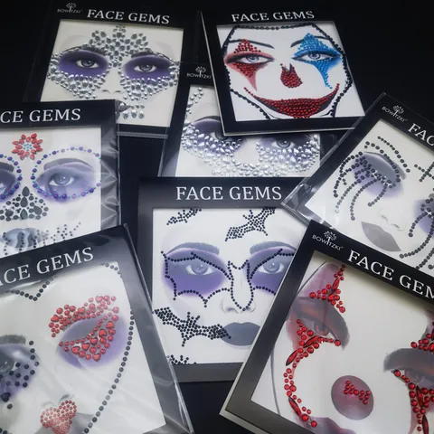 Pegatinas de Gemas Faciales de Payaso para Halloween Joyas Faciales de Diamantes de Imitación para Maquillaje de Mascarada Decoraciones de Fiesta Patrón Gótico Cruz Murciélago Corazón