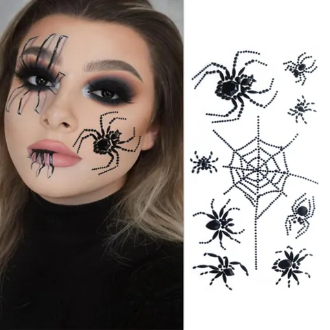 Gemas para la Cara de Araña Negra Pegatinas de Maquillaje de Halloween Tatuajes de Cuerpo de Strass Gótico para Fiesta de Festival