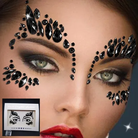Gothic Dark Face Rhinestone Sticker Black Red Waterdrop Star Geometric Face Crystal Jewel Temporary Tattoo For Halloween Party