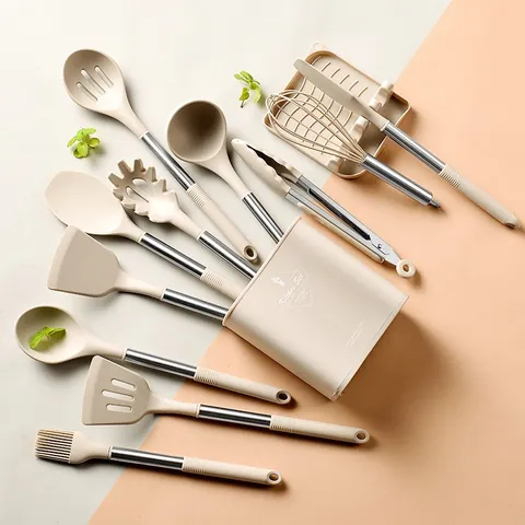 Silicone Cooking Utensils With Stainless Steel Handle Heat Resistant Non-Stick Solid Slotted Turner Soup Ladle Pasta Server Whisk Spatula Kitchen Tools