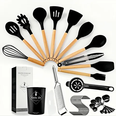 Silicone Kitchen Utensils Set With Wood Handle Heat Resistant Non-Stick Spatula Soup Spoon Whisk Tongs Measuring Cups Set For Home Cooking