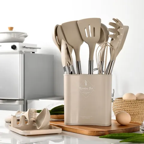 Silicone Cooking Utensils With Stainless Steel Handle Heat Resistant Non-Stick Solid Slotted Turner Soup Ladle Pasta Server Whisk Spatula Kitchen Tools