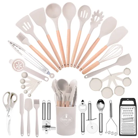 Utensilios de Cocina de Silicona Mango de Madera Resistentes al Calor Antiadherentes Herramientas de Cocina Cucharón Espátula Batidor Tazas Medidoras