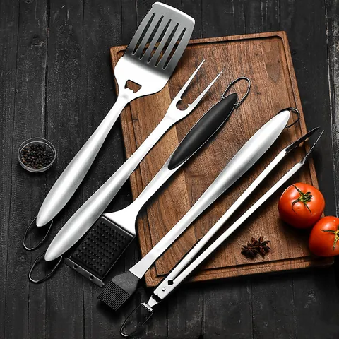 Professional Stainless Steel BBQ Tool Set With Spatula Fork Cleaning Brush Oil Brush Tongs Heavy Duty Grilling Accessories For Outdoor