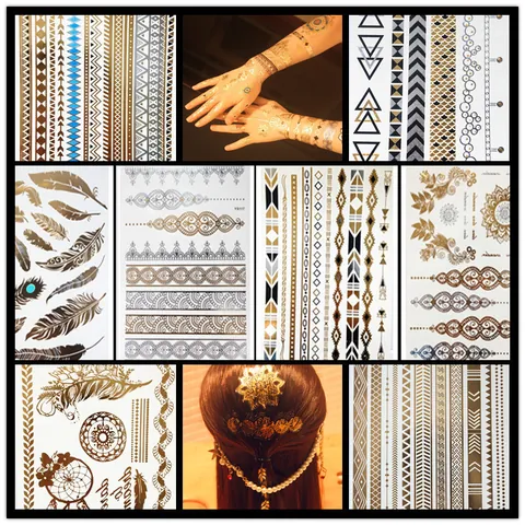 Pegatinas de Tatuaje Temporal Metálico Oro Plata Cabello Cuerpo Bohemio Geométrico Pluma Floral Impermeable Para Mujeres