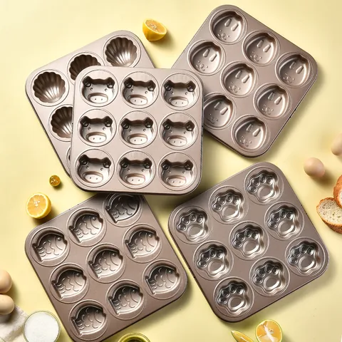 Non-Stick Carbon Steel Cake Baking Pan 9-Cavity Cartoon Animal Shell Shape Madeleine Muffin Cupcake Mold Champagne Gold Bakeware For Home Kitchen DIY