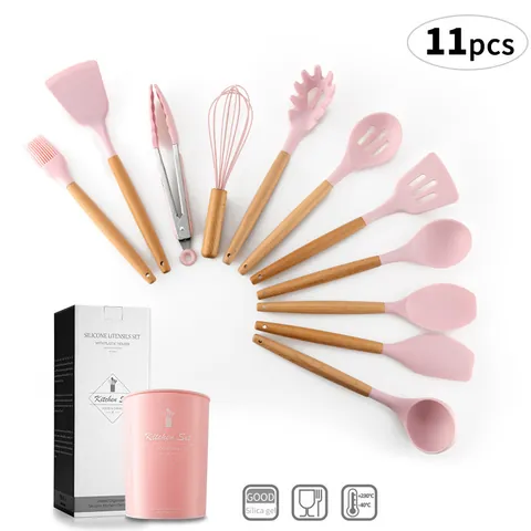 Pink Silicone Kitchen Utensil Collection With Wooden Handles Heat Resistant Non Stick Cooking Spatula Turner Spoon For Home