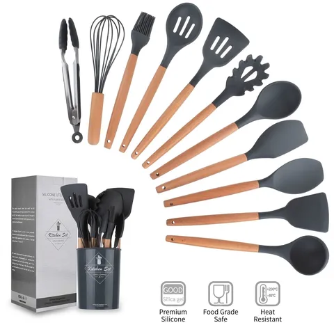 Dark Gray Silicone Kitchen Utensils Set With Wooden Handles Heat Resistant Non Stick Cooking Spoons Spatulas Set For Kitchen