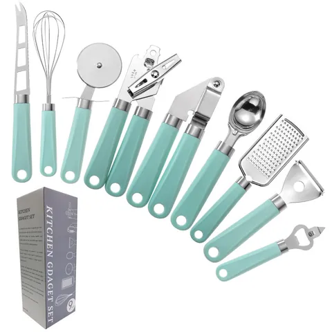 Stainless Steel Kitchen Gadget Set With Ergonomic Plastic Handle Whisk Peeler Pizza Cutter Can Opener Kitchen Tools